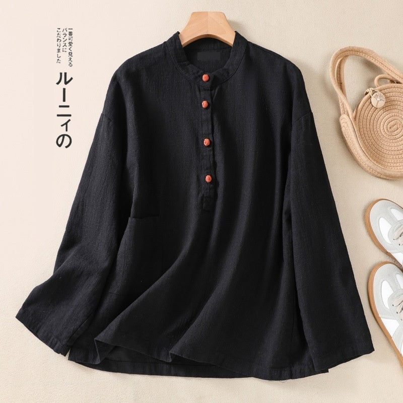 Japanese Autumn Artistic Stand-up Collar Buckle Pullover Cotton And Linen Shirt