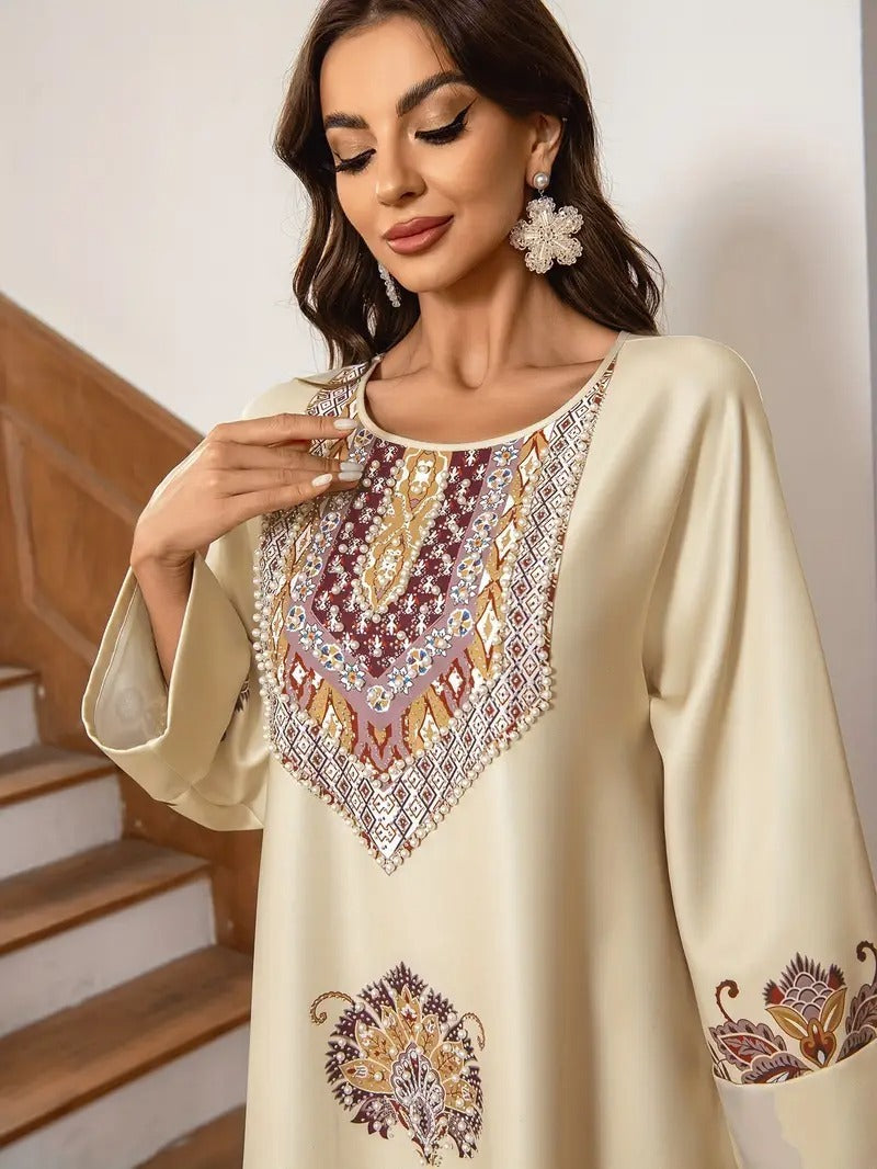 Elegant Floral Printed Middle Eastern Long Dress