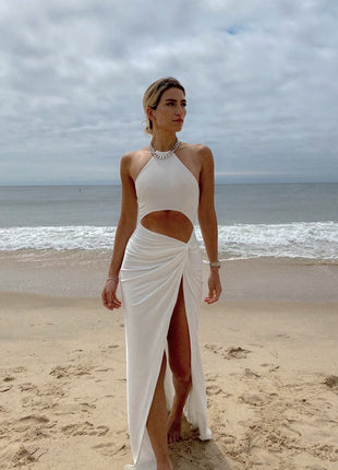 Halter Neck Cutout Lace-Up Long Dress