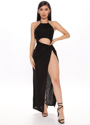 Halter Neck Cutout Lace-Up Long Dress