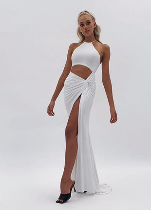 Halter Neck Cutout Lace-Up Long Dress