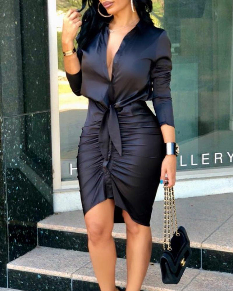 Women Lace-up Long Sleeve Midi Dress Elegant Party Dress