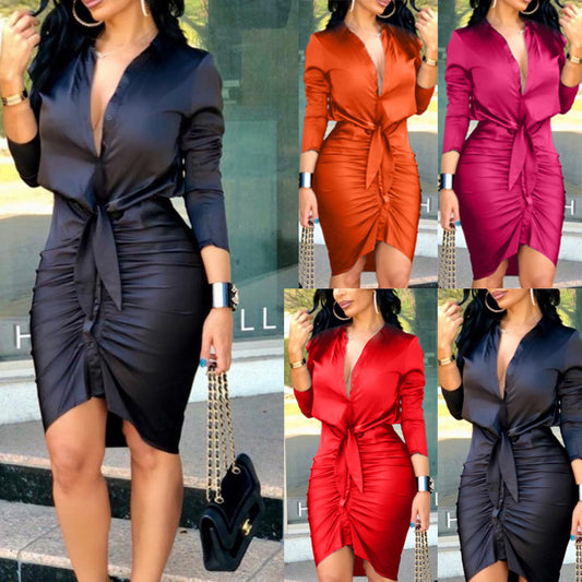 Women Lace-up Long Sleeve Midi Dress Elegant Party Dress