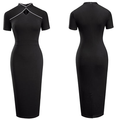 Retro Stand Collar Hollow Slim Fit Hip Dress