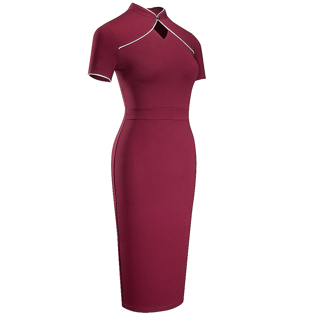 Retro Stand Collar Hollow Slim Fit Hip Dress