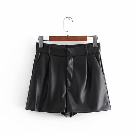 Simple Style High Waist PU Leather Shorts