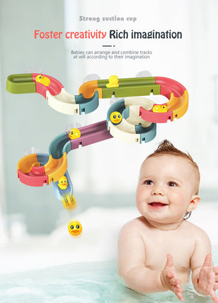 Colorful toy track with ducks and a baby in water, promoting creativity and imagination.