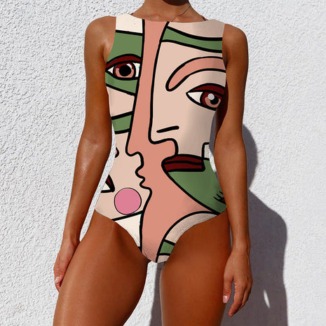 One-piece Vintage Abstract Print Lady Summer Push Up Swimsuit