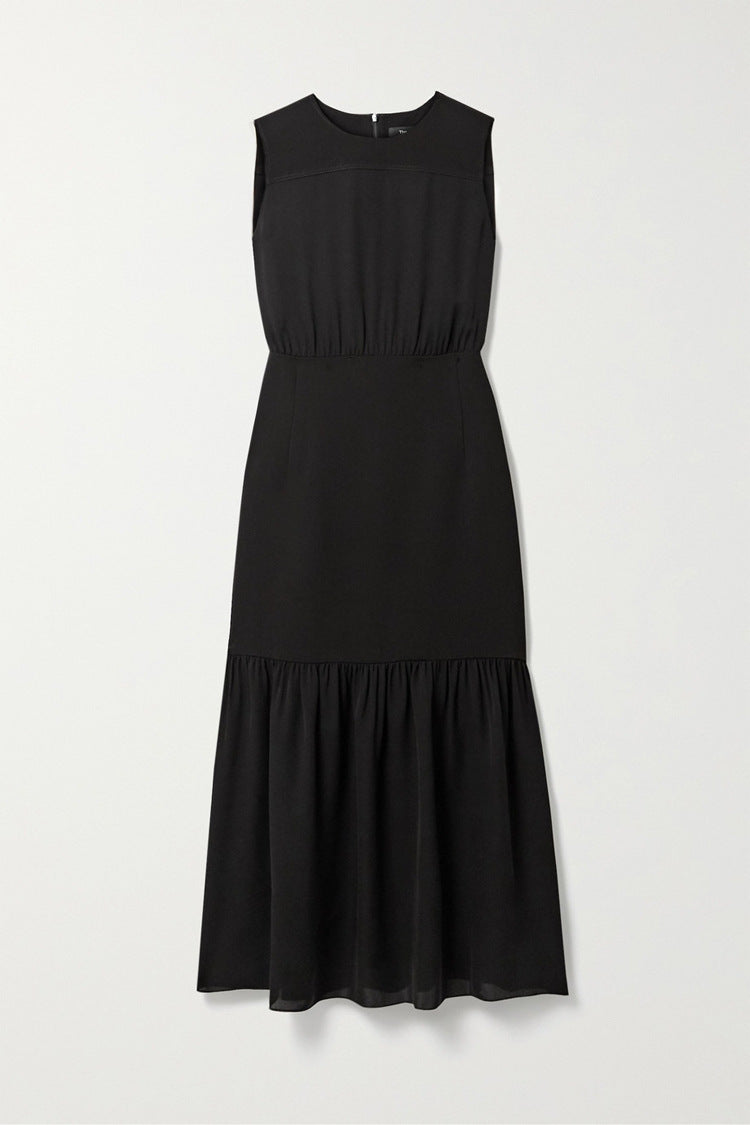 Round Neck Sleeveless Pleated Black Hip Dress