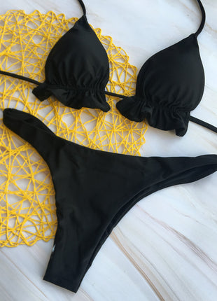 Ruffle Strap Solid Color Bikini Swimsuit