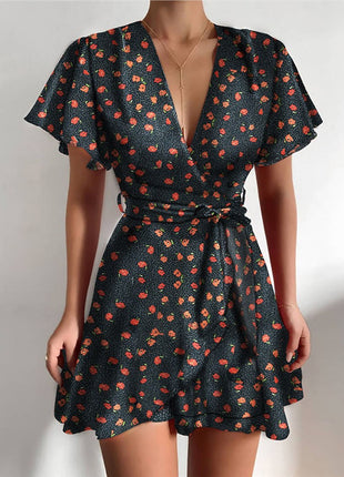 V-Neck Ruffled Belt Wrap Dress