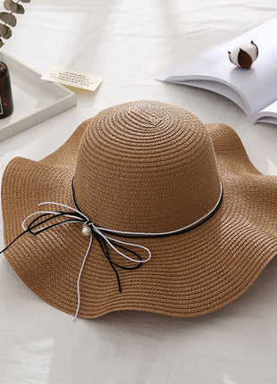 Pearl Bowknot Thin Brim Straw Hat