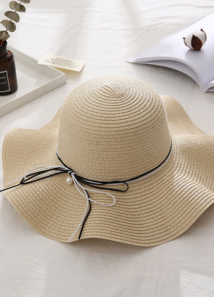 Pearl Bowknot Thin Brim Straw Hat