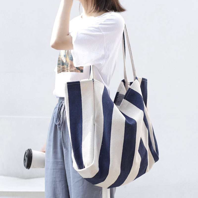 Striped Canvas Big Capacity Shoulder Handbags