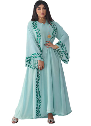 Chiffon Long Embroidered Crew Neck Abaya with Headscarf