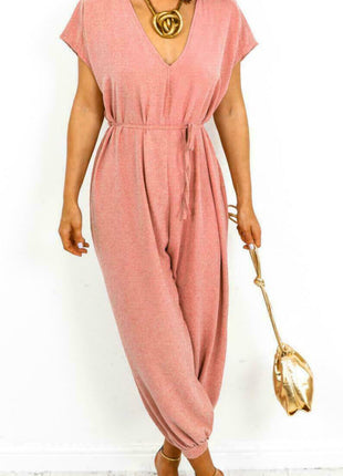 V-neck Lace-up Waist Wide Leg Jumpsuit