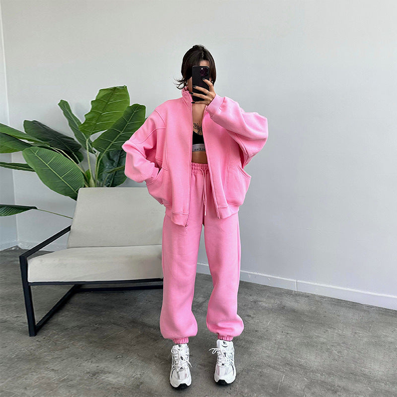 Stand-up Collar Zipper and Drawstring Trousers Set with Pockets