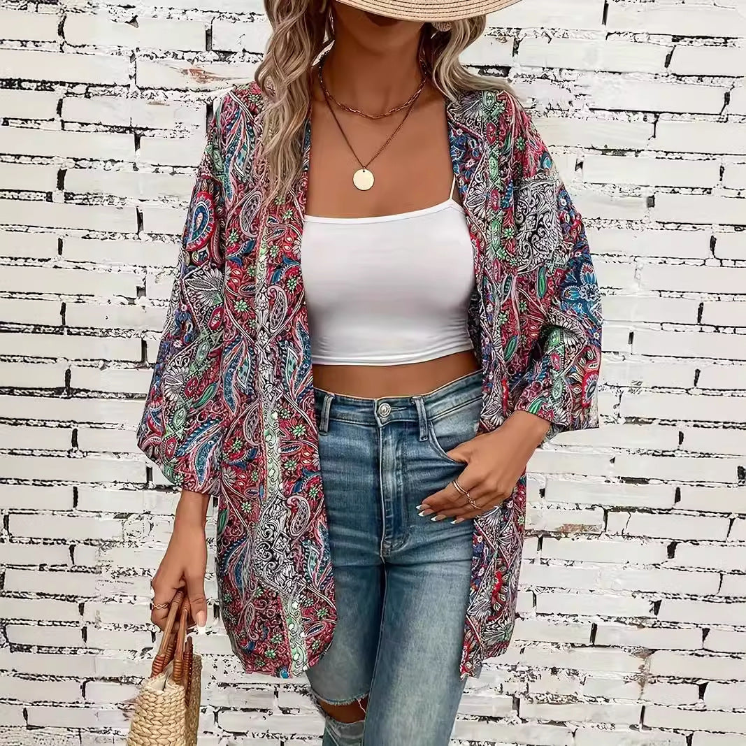 Ethnic Print Round Neck Shirt Bohemian Long Sleeve Shirt