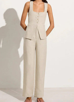 Cotton Sleeveless Square Collar Lace Up Vest High Waist Wide Leg Pants Suit Set