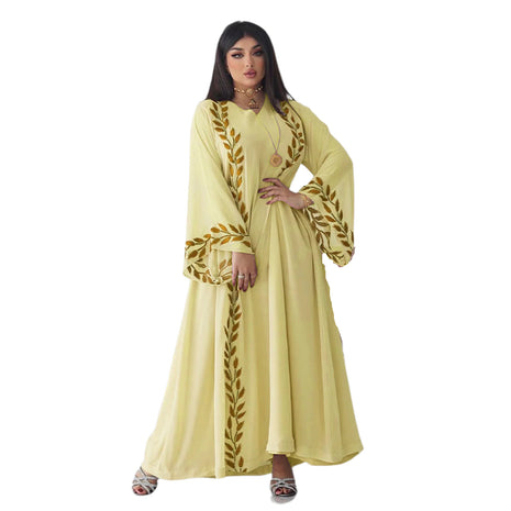 Chiffon Long Embroidered Crew Neck Abaya with Headscarf