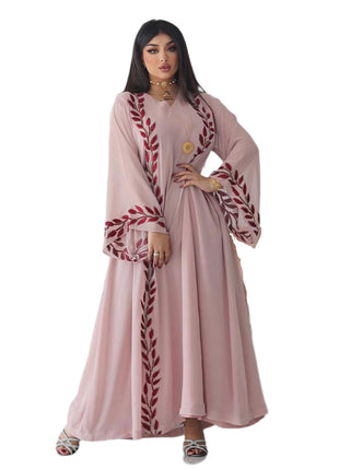 Chiffon Long Embroidered Crew Neck Abaya with Headscarf
