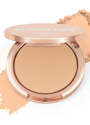 A compact pressed powder by PHOFAY with a matte finish, displayed alongside a small amount of loose powder. The compact has a rose gold-colored case.