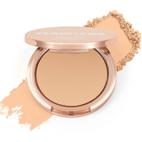 A compact pressed powder by PHOFAY with a matte finish, displayed alongside a small amount of loose powder. The compact has a rose gold-colored case.