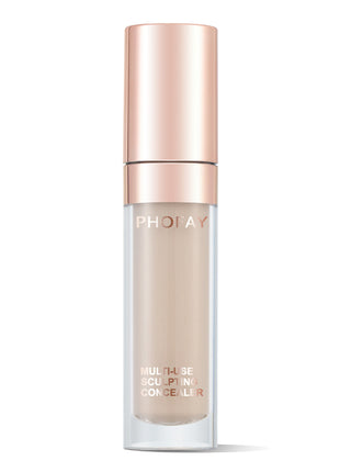 A bottle of PHOFAY Super Coverage Concealer with a rose gold cap and a clear body showing the light beige concealer inside.