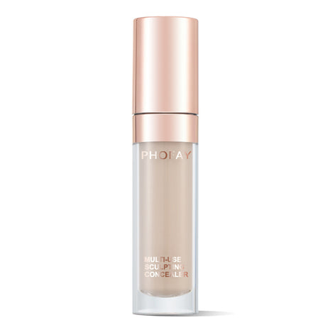 A bottle of PHOFAY Super Coverage Concealer with a rose gold cap and a clear body showing the light beige concealer inside.