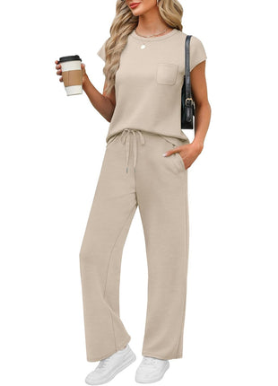 Round Neck Loose Short Sleeves Pocket Pants Casual Set