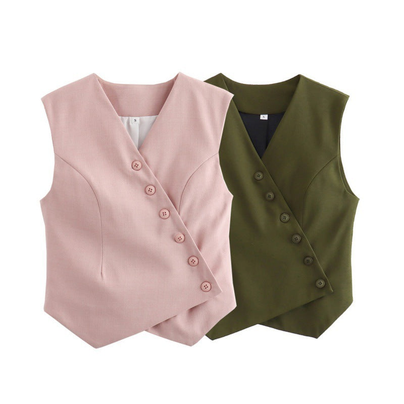 V-neck Single Row Oblique Asymmetric Cardigan Vest