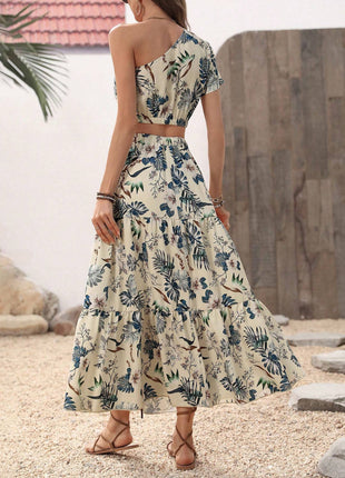 Crop One Shoulder Blouse & Ruffle Hem Skirt