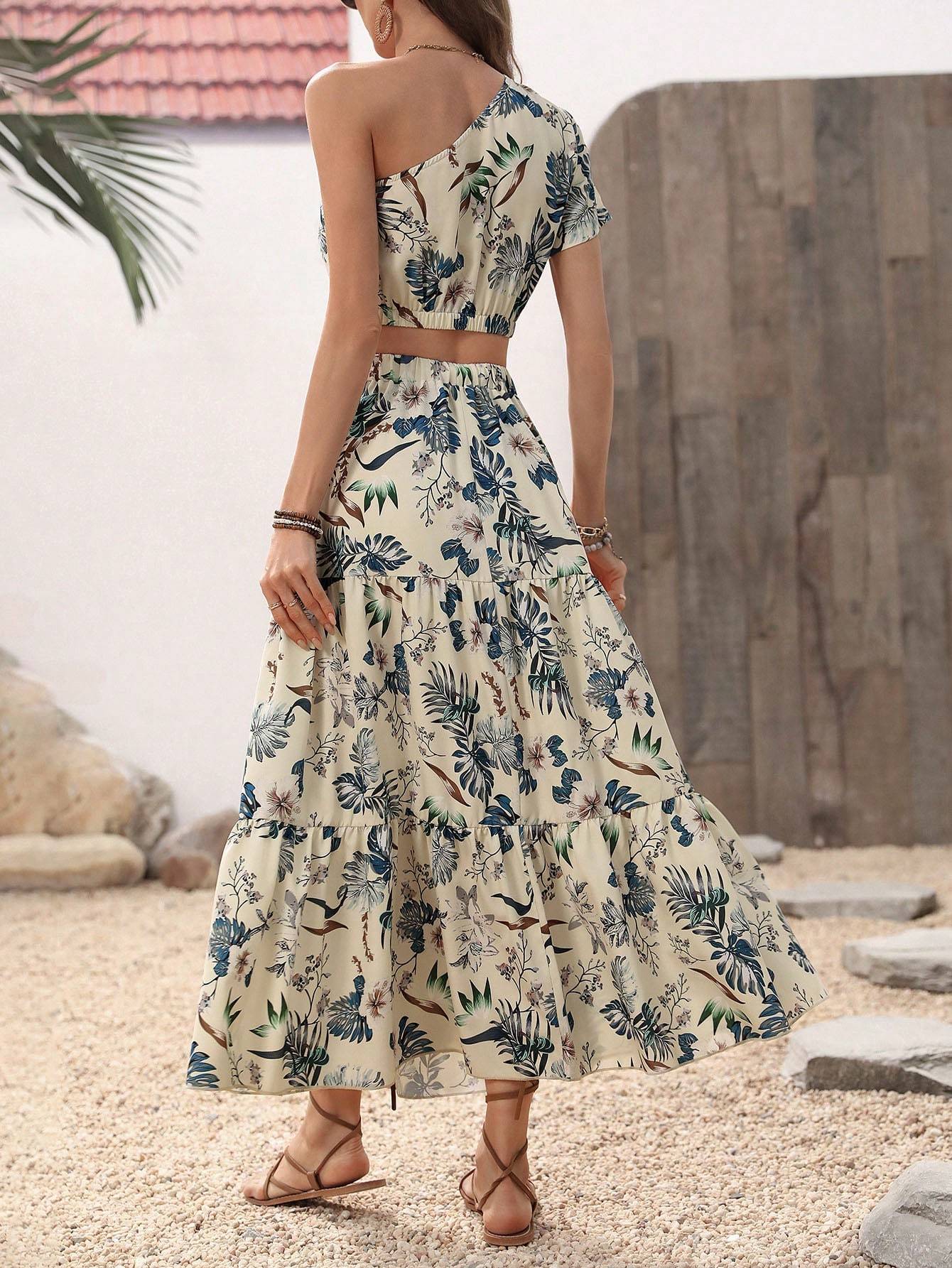 Crop One Shoulder Blouse & Ruffle Hem Skirt
