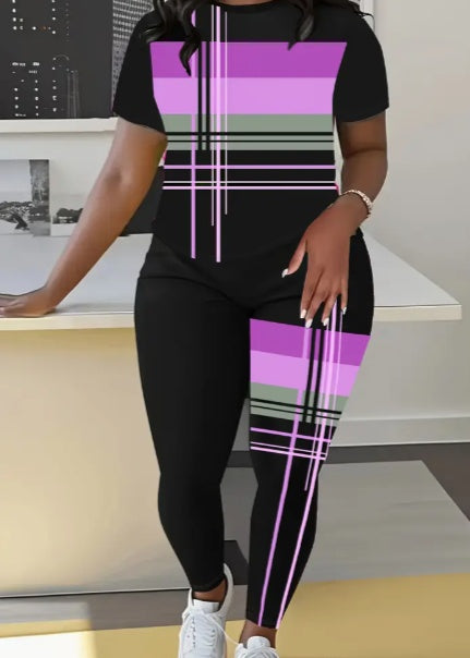 Stripe Round Neck T-Shirt And Leggings Set