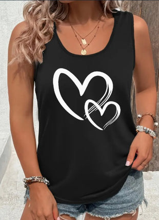 Casual Hearts Print Crew Neck Sleeveless Tank Top