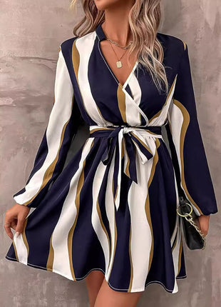 Belt Printed V-neck Dress