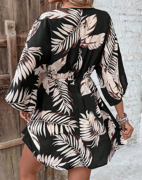 Batwing Sleeve with Botanical Design Dress