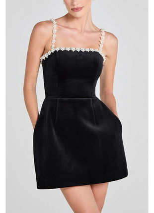 Pearl Suspender Tight Waist Velvet Dress