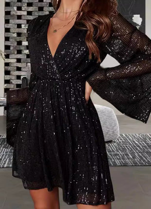 V-neck Sequin Waist Slimming Dress