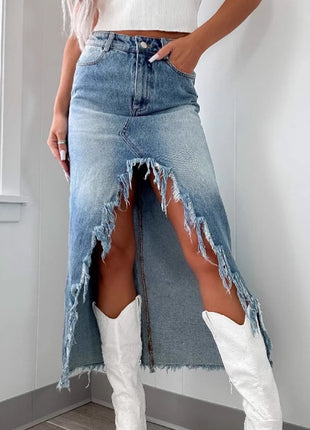 Denim High Waist Irregular Washed-out Skirt