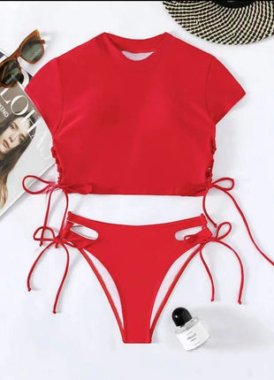 Two-piece Solid Color Short Sleeve Swimsuit