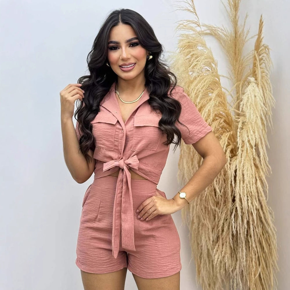Short-sleeved Lace-up Two-piece Suit