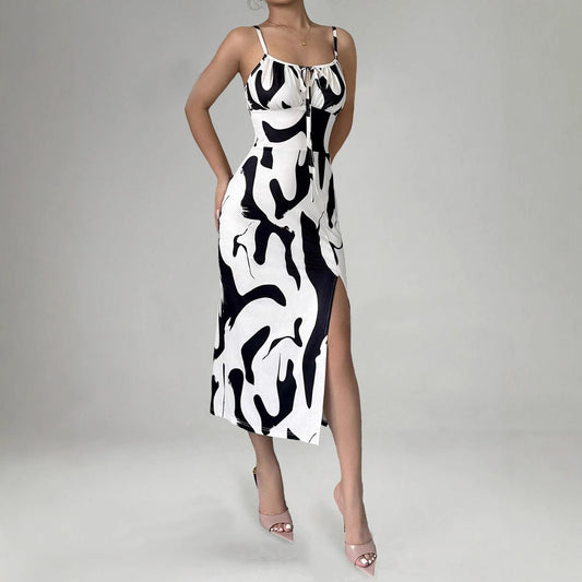 Summer Suspender Split Dress Slim Lace-up Dress