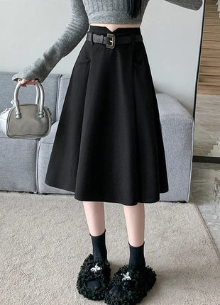 Woolen Mid-Length High Waist Skirt