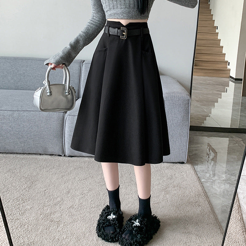 Woolen Skirt Mid-Length High Waist