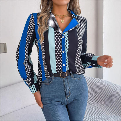 Polka Dot Suit Collar Long Sleeve Shirt