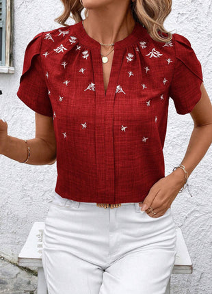 Half-open Collar Short Sleeve Shoulder Creasing Blouse