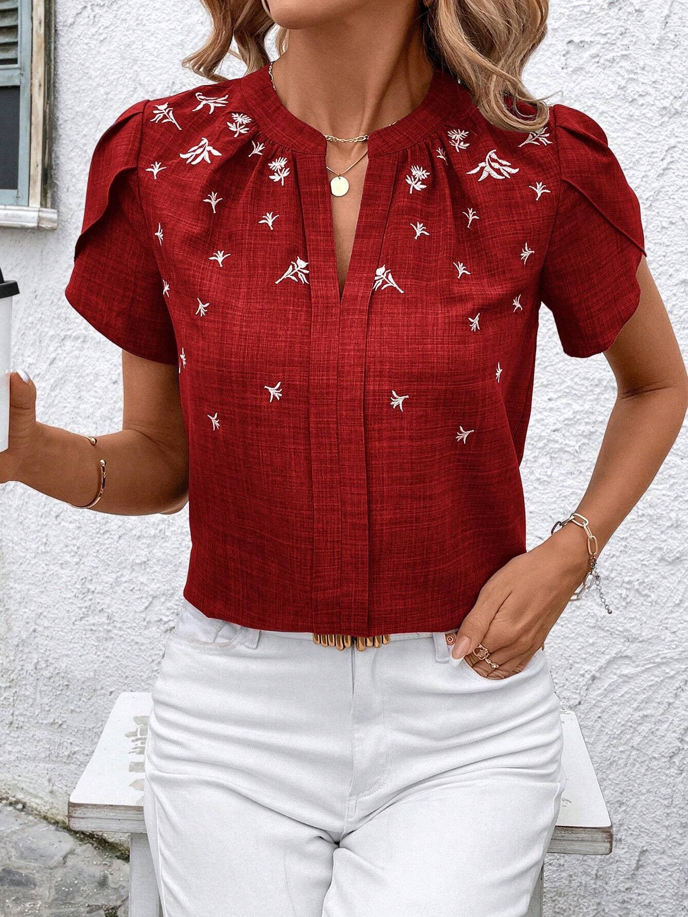 Half-open Collar Short Sleeve Shoulder Creasing Printed Blouse