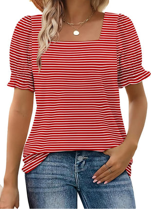 U-neck Petal Sleeve Loose Stripes T-shirt