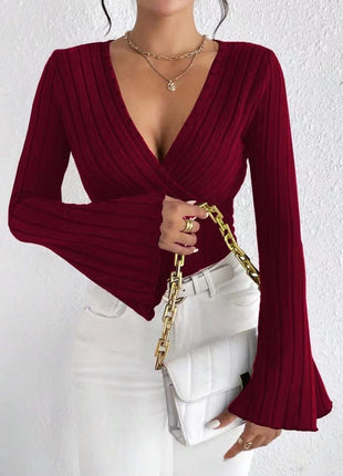 Autumn And Winter Rib Sunken Stripe V-neck Flared Slim-fit Long Sleeve T-shirt Elegant Women's Top
